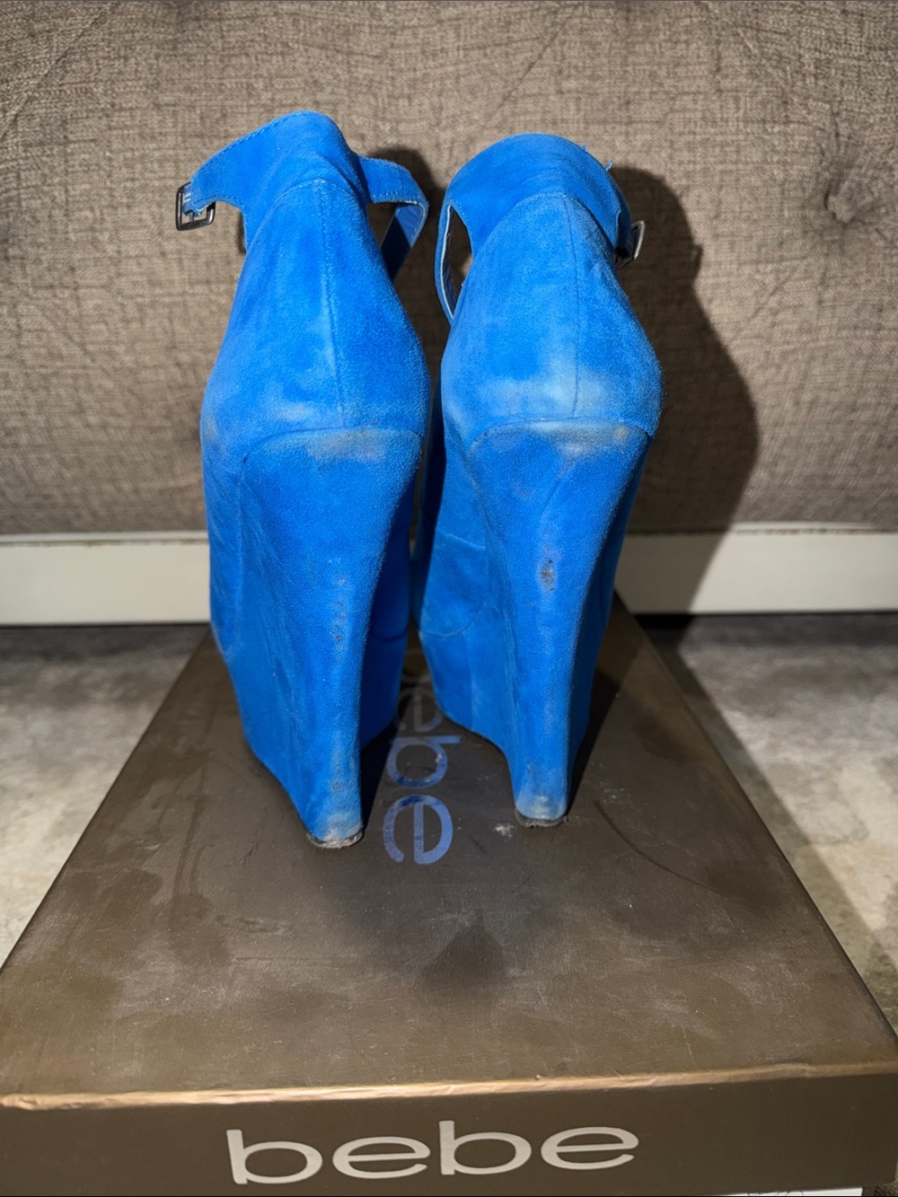 bebe Octavia Royal Blue Velvet Wedge Heels with Ankle Strap - Picture 3 of 7